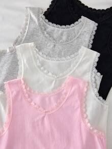 SHEIN 4件組少女蕾絲背心上衣，優雅甜美純白色，棉質舒適柔軟 - 彩色 - 查看 6