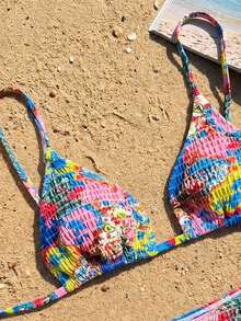 Swim Vcay Spring/Summer 2pcs Women's Beachwear Tropical Cute Sexy Vacation Beach Swimming Pool Party Blue Floral Halter Neck Backless Bikini Set - Multicolor - View 4