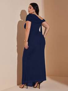 SHEIN BAE Plus Size Women's Coffee Brown Mesh Asymmetrical Asymmetrical Shoulder Dress, Elegant Valentine's Day Dress - Navy Blue - View 2