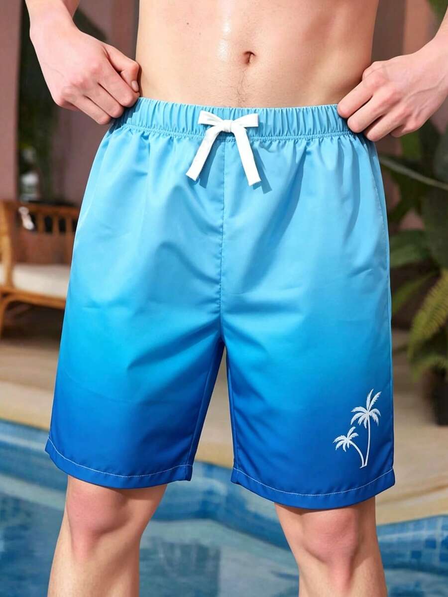 SHEIN 青少年男童泳装,休闲酷炫蓝色渐变印花泳裤,白色棕榈树图案梭织面料,腰部系带蝴蝶结,连体沙滩短裤,时尚休闲简约,适合游泳、夏季度假、海滩、泳池等场合。 - 彩色 - 查看 1