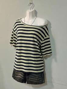 SHEIN EZwear 休閒極簡全印花單肩落肩短袖寬鬆女款T恤，美式復古條紋T恤，復古風，適合日常通勤、約會、聚會，秋冬春夏，聖誕節、新年、感恩節、派對、婚禮、海灘、畢業典禮，時尚優雅休閒外出約會 - 彩色 - 查看 3