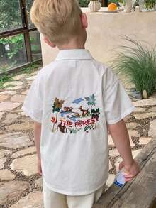 Dazy Kids 小男孩卡通動物刺繡短袖單排扣休閒口袋襯衫 - 杏色 - 查看 2