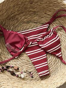 Swim Vcay Women's Sexy Striped Triangle Cup Bikini Set With High Leg Cut, 2-Piece Swimsuit For Vacation - Red and White - View 7