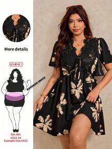 SHEIN CURVE+ Plus Size Women's Contrast Lace Front Lace-Up Floral Print Dress - Multicolor - View 1