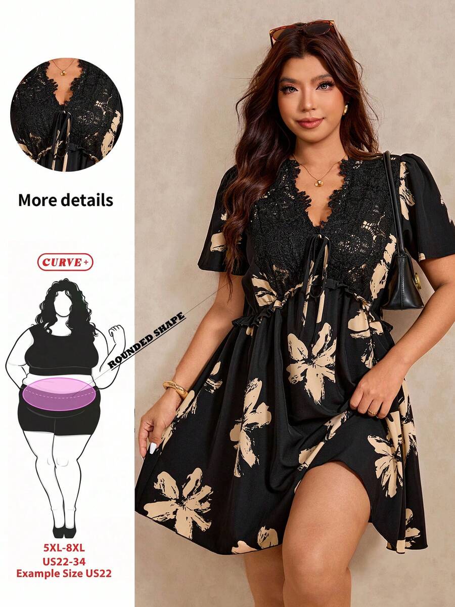 SHEIN CURVE+ Plus Size Women's Contrast Lace Front Lace-Up Floral Print Dress - Multicolor - View 1