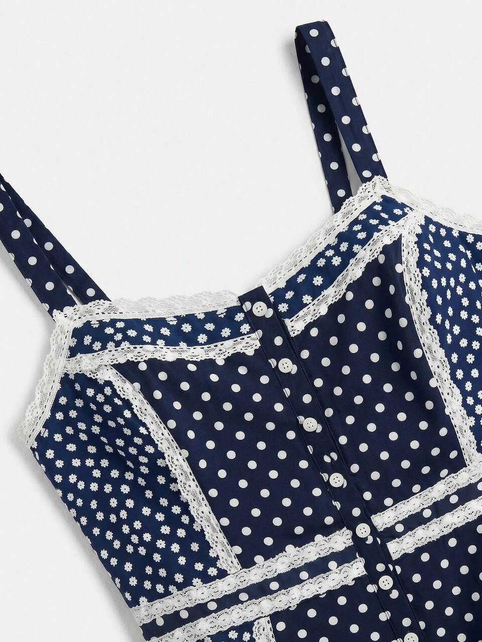 Navy Blue Polkadot And Floral Print Strap Top With Cute Lace Trim Details Spring Summer Holiday Cute Vintage Top
