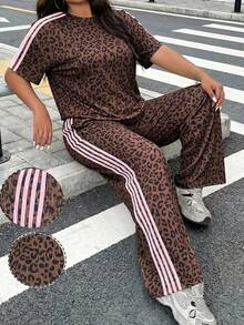 SHEIN EZwear 大尺碼女款豹紋圓領T恤與長褲休閒兩件套 - 棕色 - 查看 5