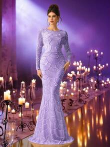 Coutiva Women's Beaded Decor Round Neck Long Sleeve Elegant Formal Evening Gown (Heavy Workmanship Style) - Mauve Purple - View 1