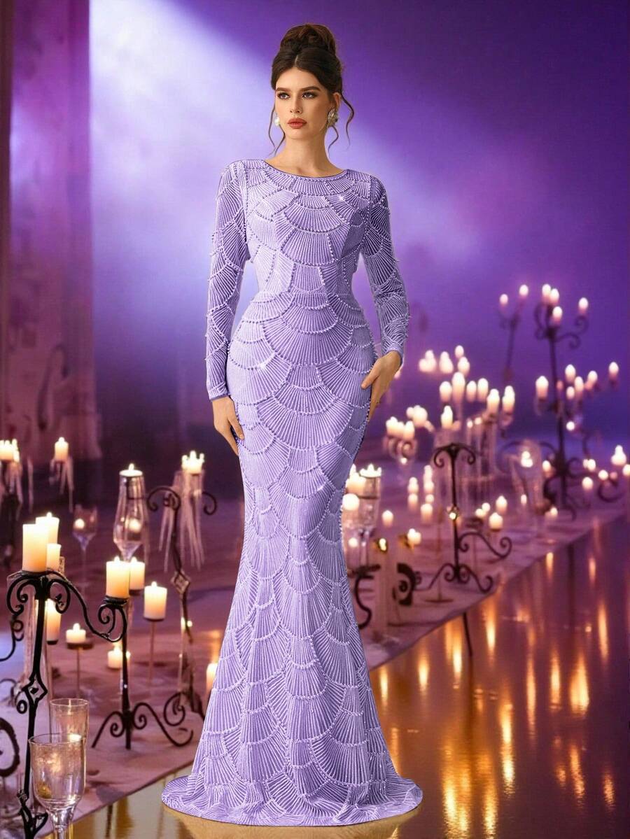 Coutiva Women's Beaded Decor Round Neck Long Sleeve Elegant Formal Evening Gown (Heavy Workmanship Style) - Mauve Purple - View 1