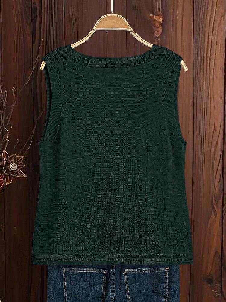 EMERY ROSE New Women's Versatile Elegant Simple Casual Pocket Knit Vest - Dark Green - View 2
