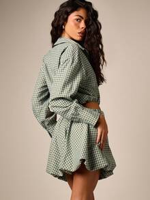 AiiRZ Plaid Bubble Hem Mini Skirt With Elastic Waist Flowy Gathered Short Skirt For Spring Summer Everyday Sage Green Casual - Multicolor - View 3