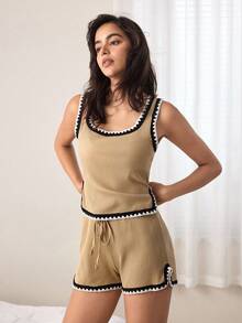 Ocili Bộ đồ ngủ nữ gồm áo hai dây và quần short phối màu tương phản - Màu Khaki - Xem 5