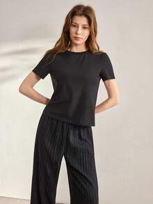 Ocili Cotton Comfortable T-Shirt & Soft Linen Pants Pajama Set For Women - Black - View 5