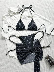 Swim SXY 女款三件式夏季海灘比基尼套裝，圓點印花三角掛脖綁帶上衣配珍珠珠飾，側綁比基尼泳褲及網紗迷你裙，性感海灘泳裝套裝 - 黑色 - 查看 3