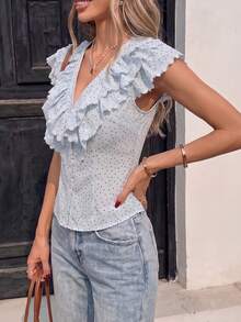 Pariaura Camisa azul con volantes de lunares negros, blusa de lunares estilizante para mujer, conjunto de verano elegante para vacaciones - Multicolor - Ver 4