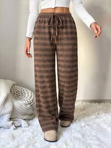 SHEIN Tall 女款舒適休閒簡約低腰抽繩寬腿條紋長褲套裝 舒適居家褲套裝 - 棕色 - 查看 3