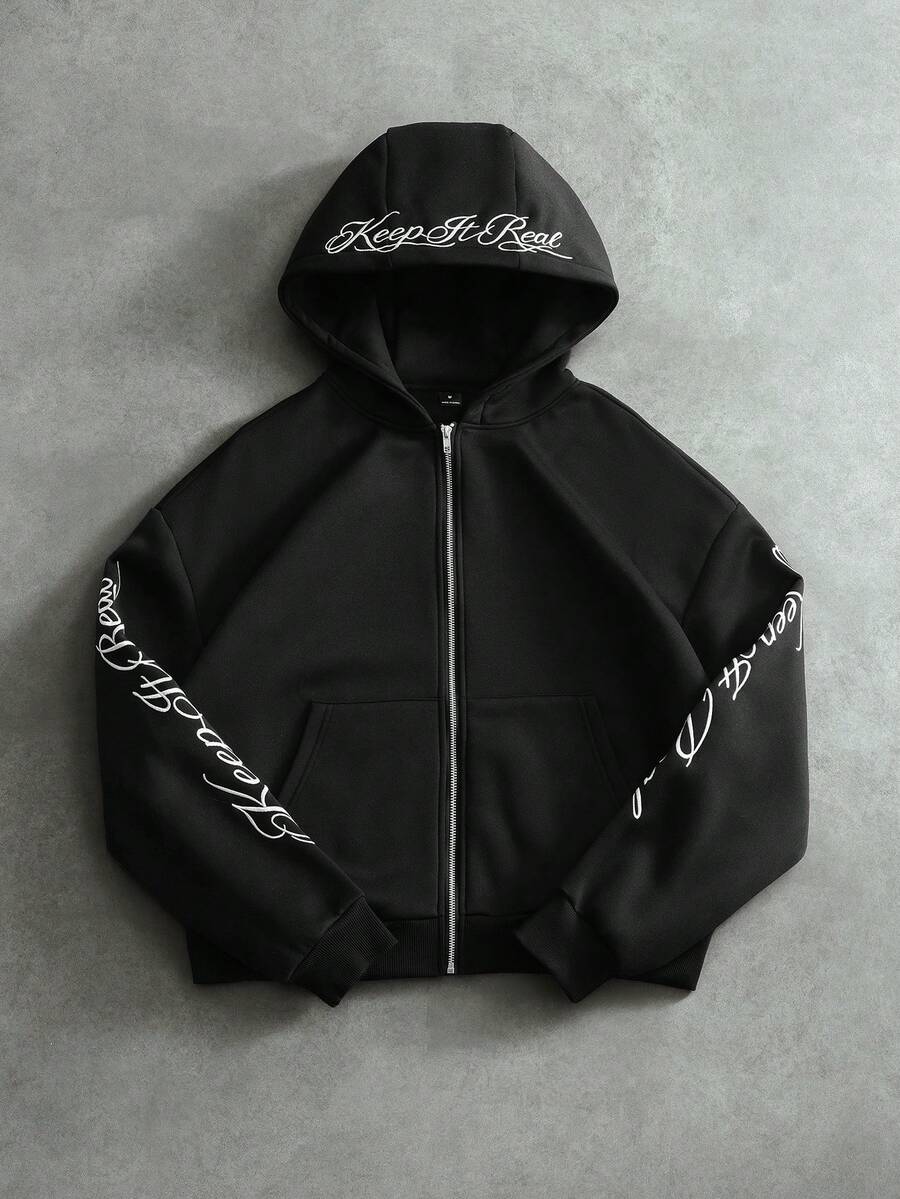 Manfinity Roghcode Men's Zip-Up Letter Pattern Hooded Sweatshirt - Black - View 1