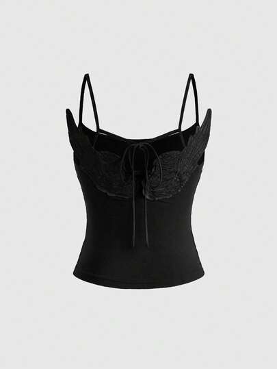 Grunge Punk Damen 3D Flügel Camisole Tank Top mit Trägern, Frühling/Sommer Schwarz Punk Rock Hot Girl Street Goth Sexy Süß Subkultur