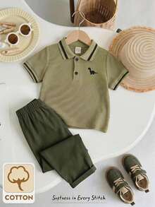 Cozy Pixies 2pcs Baby Boy Soft Knit Crew Neck Short Sleeve Top And Elastic Waist Pants Set - Green - View 11