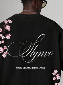 STYNVO Kaos Pria Fashion Motif Bunga & Huruf, Leher Bulat, Lengan Pendek - Hitam - View 5
