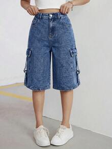 SHEIN Quần short denim túi cargo cúc cài đa năng dài đến gối thời trang cho nữ thiếu niên - Rửa tối - Xem 4