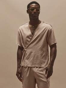 Musero Cross Front Tie Fastening Short Sleeve Raw Edge Hem Shoulder Oversized Lightweight Co Ord Top Only Spring Summer Essentials Holiday - Khaki - View 2