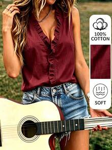EMERY ROSE Women's Solid Color Ruffle Trim V-Neck Casual Elegant Sleeveless Blouse Vacation Burgundy Red Summer Brunch Date - Burgundy - View 5