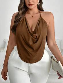 SHEIN PETITE CURVE Tank Top Halter Seksi Wanita Ukuran Plus Warna Polos dengan Kerah Model Cowl - Coklat - View 5