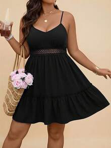 Travachic Plus Size Summer Casual Solid Color Spaghetti Strap Dress - Black - View 4