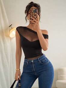 SHEIN Raffinéa 女士高弹网纱面料修身单肩网纱拼接褶皱连体衣性感派对夜店装黑色连衣裙女士优雅派对连衣裙夏季服装女士连体衣上衣女士性感上衣女士上衣 - 黑色 - 查看 4