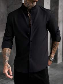 Manfinity Homme Men Stripe Print Button Front Casual Long Sleeve Shirt For Boyfriend Gift, For Fall Ceremony - Black - View 4