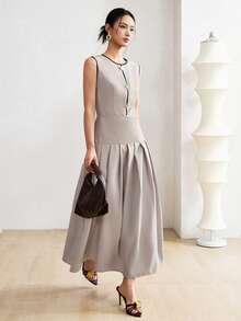 Heiryn Women's Contrast Trim Round Neck Pleated Casual Party Long Dress - Apricot - View 3