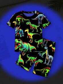 SHEIN KIDS Young Boy Luminous Dinosaur Graphic Crewneck Short Sleeve Shorts Comfortable 2pcs Loungewear & Pajama Set - Multicolor - View 2