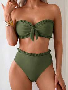 Swim Basics 女款夏季海灘純色荷葉邊飾抹胸比基尼套裝，前打結設計，兩件式泳衣黑色泳裝 - 綠色 - 查看 3
