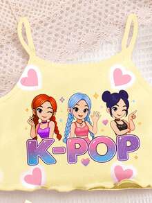Cream Yellow, K-POP Cartoon Girl Pattern, Young Girls Casual Simple Camisole Top And Shorts Loungewear Suitable For Spring And Summer - Multicolor - View 4