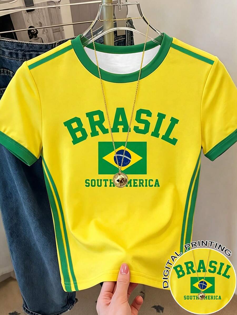 SHEIN 青少年女孩美式運動風巴西國旗 BRASIL 南美洲字母印花對比條紋短袖T恤,適合夏季出遊、運動、世界盃活動等 - 彩色 - 查看 1