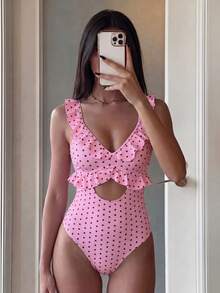 Swim Mod 2026 Spring/Summer New Leopard Print Random Pattern Thin Shoulder Strap Adjustable Lace Trim V-Neck Vacation Women's One-Piece Bikini Swimsuit - Multicolor - View 5