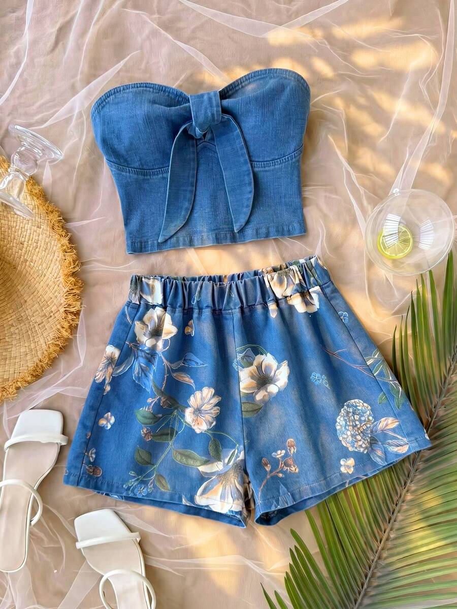Soleia 女款抹胸上衣花卉印花短褲牛仔套裝 夏季海灘度假穿搭 休閒熱帶可愛鄉村音樂會 海軍藍藍白配色套裝