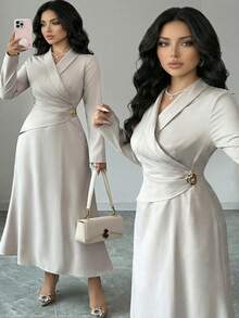 Modelyn Plus Size Elegant Commuter Solid Color Wrap Waist Long Dress Fall - Khaki - View 8