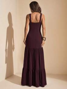 SHEIN BAE Spring/Summer Dark Coffee Square Neck Sleeveless Fitted Bodycon Dress With Layered Ruffle Hem And Flared Maxi Skirt, Elegant Wedding Guest Party Dress - Brown - View 2
