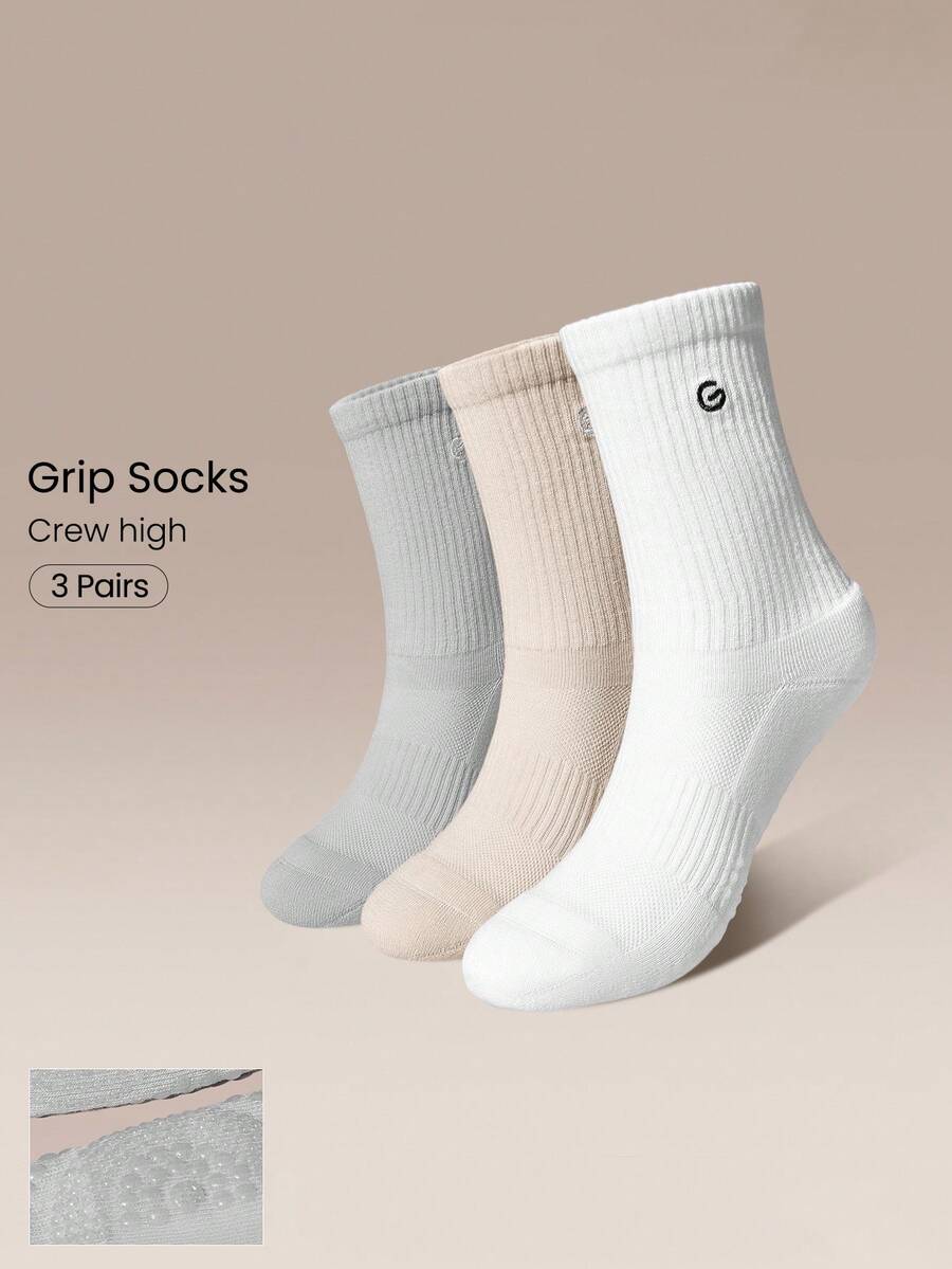 GLOWMODE 3 Pairs Make A Move Grip Scrunch Crew Socks - White+Apricot+Light Grey - View 1