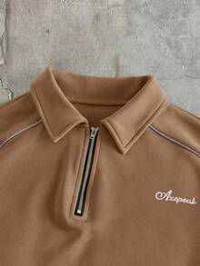 AXEPEAK Men's Dropped Shoulder Short Sleeve 1/4 Front Zip Minimalist Polo Shirt - Coffee Brown - View 3