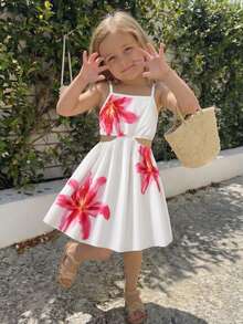 Young Girls Pastoral White Vacation Cami Dress, Big Floral Print Waist Hollow Out Sleeveless Dress For Spring Summer Daily & Travel - Multicolor - View 8