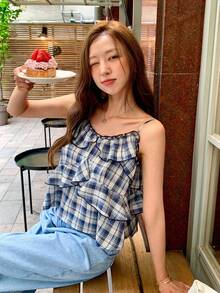 DAZY 格紋吊帶背心荷葉邊蕾絲休閒度假夏季女款圖案背心上衣 - 藍色 - 查看 5