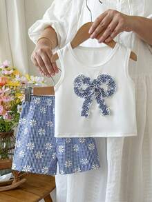 SHEIN BABY GIRL Summer Blue Set Textured Sleeveless Top Blue Plaid Shorts Decorated With Blue Bows Daily Outing Essential - Blue - View 3