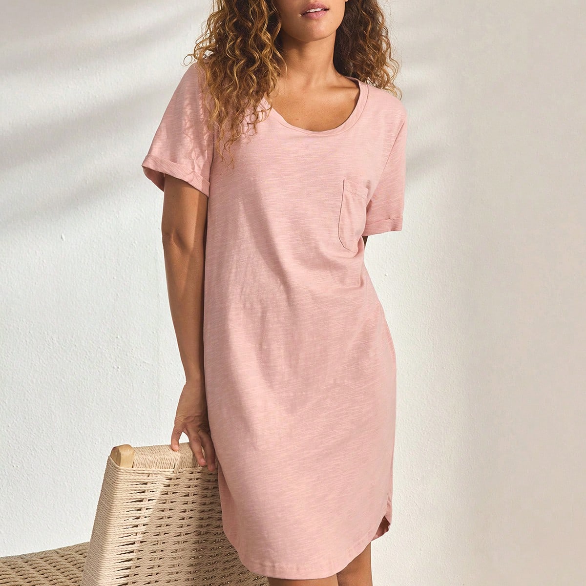 Vestido casual de mujer con decoración de bolsillo y manga corta, ropa de estar en casa de verano
