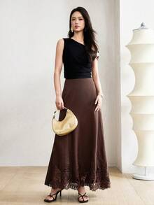 Heiryn Women's Teachers' Day Fashion Versatile Embroidered Hem Patchwork Maxi Skirt Party Office Dark Brown Autumn Elegant French - Brown - View 2