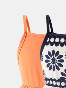 Young Girls 2-Piece Set Summer New Camisole Dress Set Solid Vibrant Orange + Vintage Floral Print Style, Waist-Defining Ruffle Hem A-Line Dress, Versatile For Multiple Occasions, Flattering For All Body Types, Daily Outings / Beach Vacation / Photo-Ready Summer Outfit - Multicolor - View 7