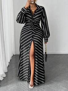 Maweii Plus Size Women's Casual Striped Knit Twist Design Long Sleeve Dress - Multicolor - View 1
