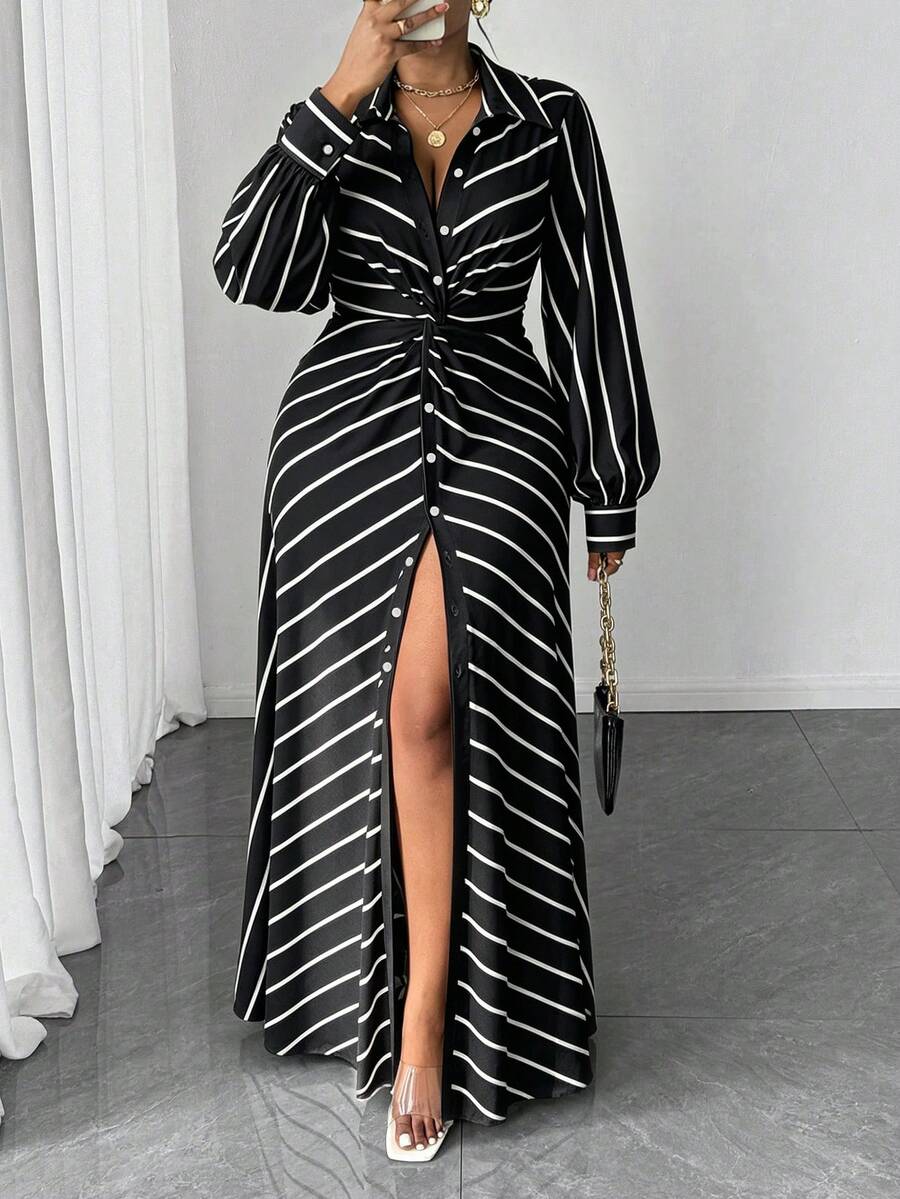 Maweii Plus Size Women's Casual Striped Knit Twist Design Long Sleeve Dress - Multicolor - View 1